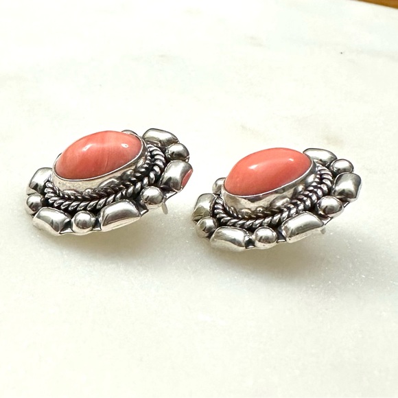 Pink Coral Vintage Oval Cabochon Solid Sterling Silver Post Earrings - Picture 4 of 13
